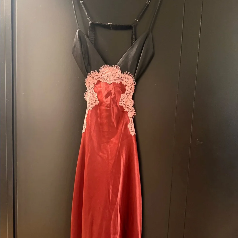 Fleur du Mal Deep Red Satin Midi Dress with Pink Lace - Picture 2 of 4